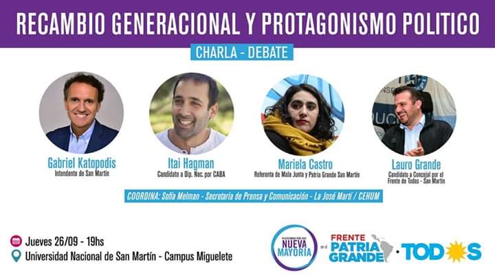 LauroGrande's tweet photo. Esta tarde, vamos a participar de la charla-debate sobre "Recambio Generacional y Protagonismo Político" junto a @gkatopodis
, @ItaiHagman y Mariela Castro.
Nos vemos en el Aula Tanque del Campus Miguelete de la UNSAM (25 de Mayo y Francia) a las 19hs!!! Sumate!!! https://t.co/32oUldkTD5