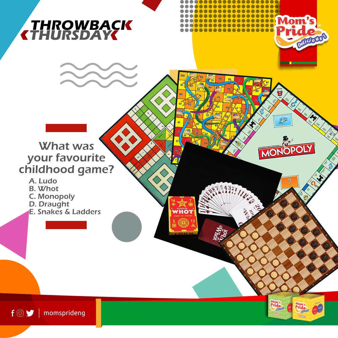 MomsPrideNG's tweet photo. What was your favorite childhood game?

Choose from options A-E

a) #Ludo
b) #Whot
c) #Monopoly 
d) #Draught 
e) #SnakesnLadders 

Your answer is...

#ThrowbackThursday
#TastyFoods
#DeliciousMeals
#MomsPrideSeasoning https://t.co/xXre1vZrGU
