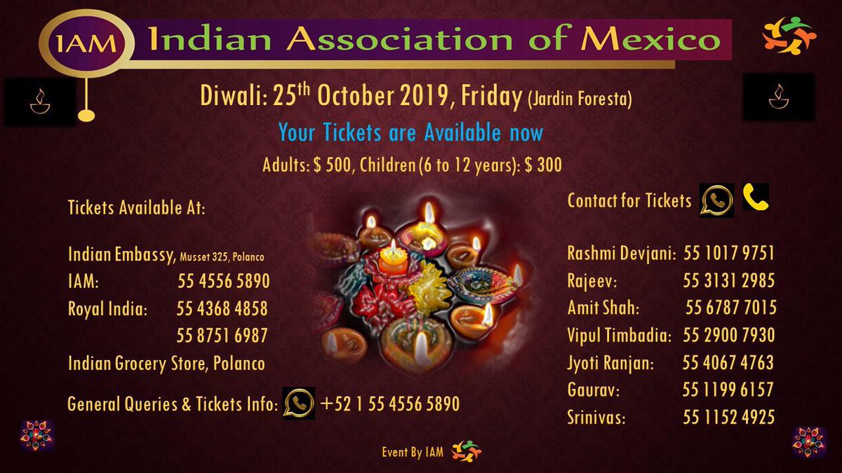IndianAssoMex's tweet photo. Diwali 2019 by I is captivating, Dazzling &amp; eye catching.
KEY HIGHLIGHTS :
ICE BREAKER SESSION
MEMENTO
CAPTURING YOUR MOMENTS - IAM PHOTO ZONE
BOLLYWOOD THEME DANCE
Ramp Walk &amp; Fashion show
Raffle prizes &amp; SURPRISES
EXCLUSIVE ROYAL INDIAN dinner
INFO&amp; QUERY +521 5545565890 https://t.co/pHLzPHUzpU