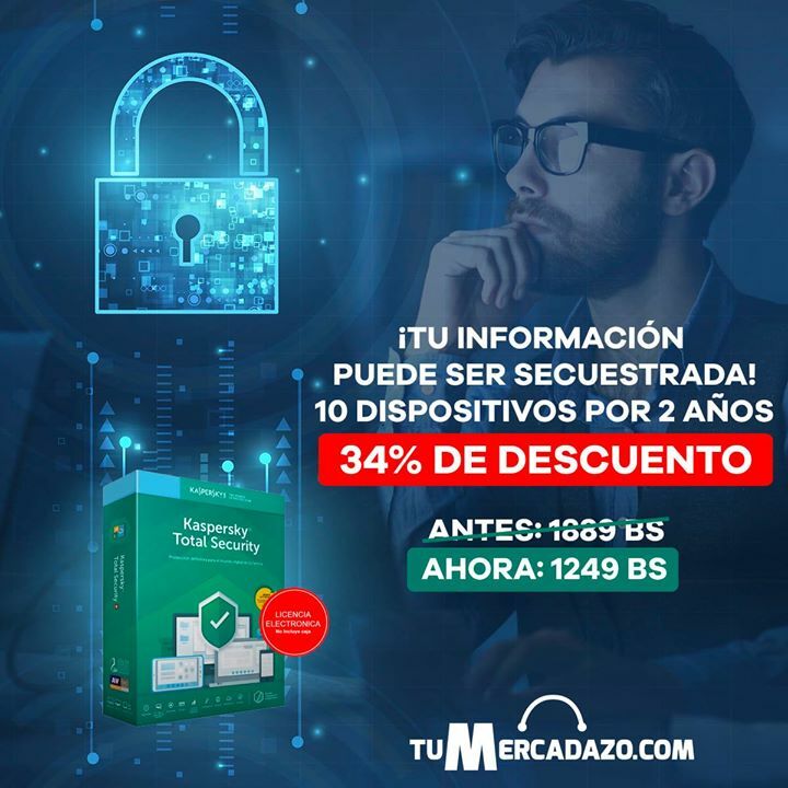 TuMercadazo's tweet photo. ¡Protección para 10 dispositivos por 2 años! 😱

Protege tu información y la de toda tu familia o empresa con la protección total que te ofrece Kaspersky y recibe el segundo año gratis obteniendo un descuento del 34% por un tiempo limitado.

Precio: 1249 Bs.

Haz clic en link… https://t.co/Bv8QT1elSp