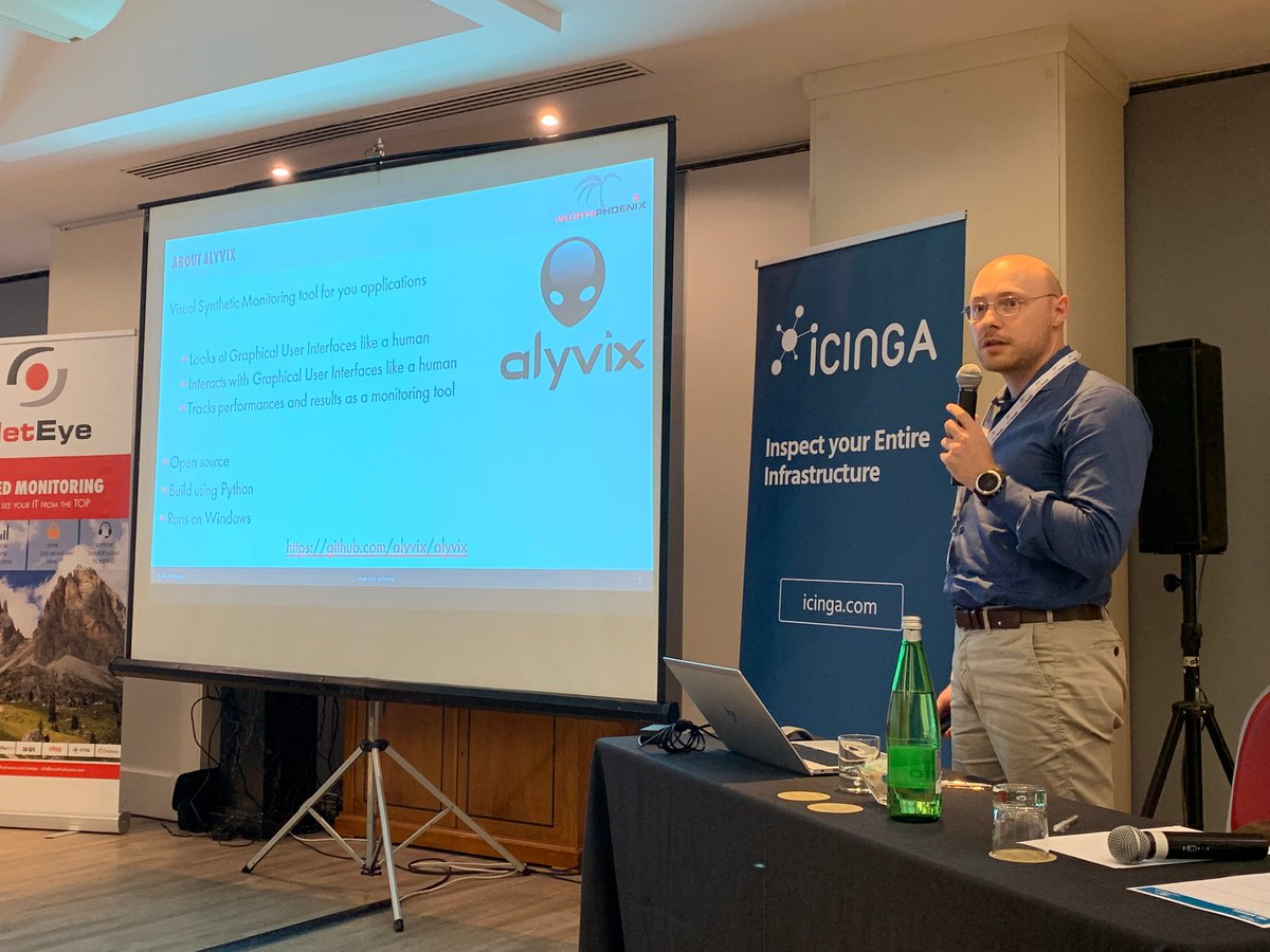 AlyvixInfo's tweet photo. Rocco is describing how the integration between #Icinga and #Alyvix enables the visualization of test case performance data in #NetEye. If you want to take a look at the slides... just contact us :) #monitoringlove #icingacamp #euem #endusermonitoring #enduserexperience https://t.co/Gbh7S5cLUO