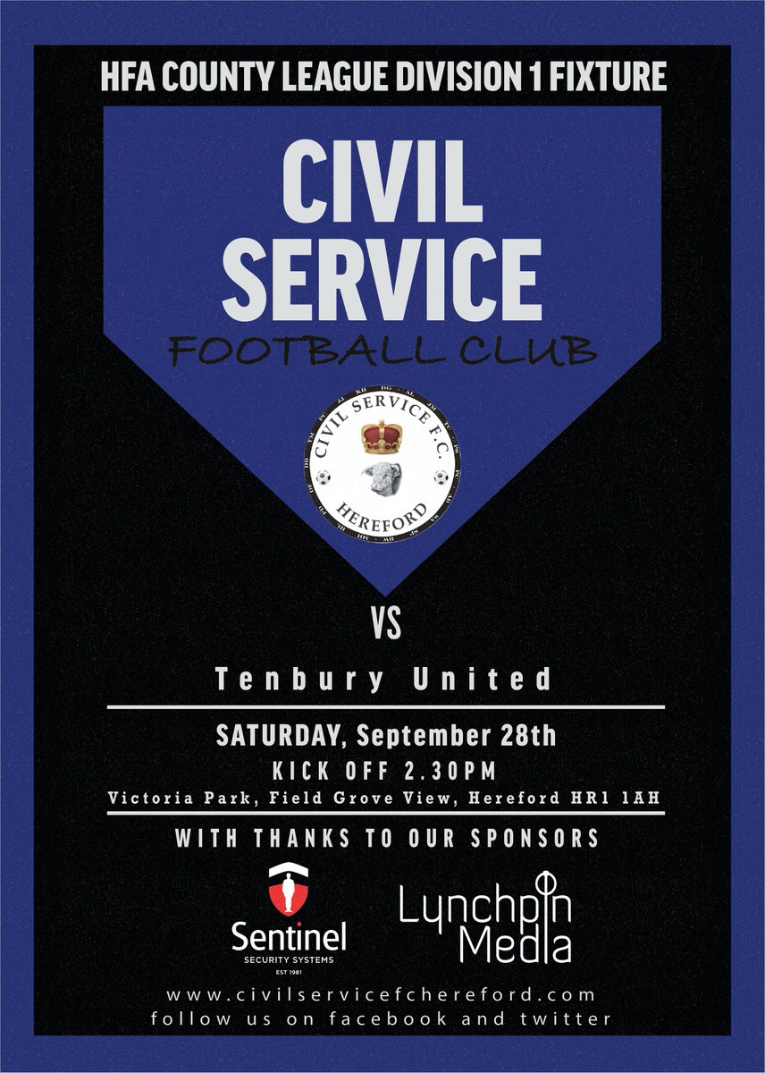 Matchday Saturday, following last week's disappointing defeat in the HFA Junior Cup the Servicemen @CSFC_Hereford welcome top of the table Tenbury United. Come along to Victoria Park and give us your support goo.gl/maps/VN6rGVuzW… … This is a 2.30pm Kick Off.