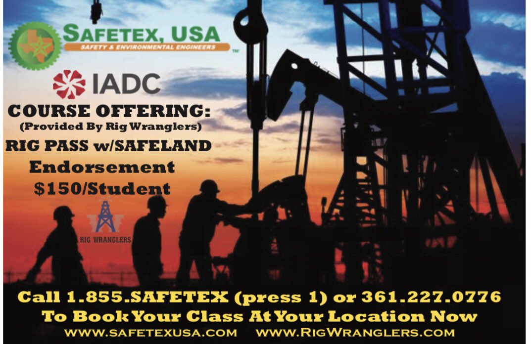 RigWranglers's tweet photo. Contact us for all your HSE Management and Certified Training needs. 1.855.SAFETEX (723.3839) #SafetexUSA #RigWranglers #RigPass #Safeland #IADC #PEC https://t.co/D57kUqoL2N