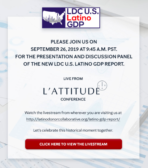 LDCLatino's tweet photo. TUNE IN 9:45a PST for a LIVE STREAM &amp; DISCUSSION as @LDCAna1 reveals the latest Latino GDP Report - bound to open a national discussion - at @LATTITUDEevent 

✨https://t.co/01I4ePwgDG 

#LatinoGDP #2019LDCLatinoGDP #Latino https://t.co/n3OzBMbPZK