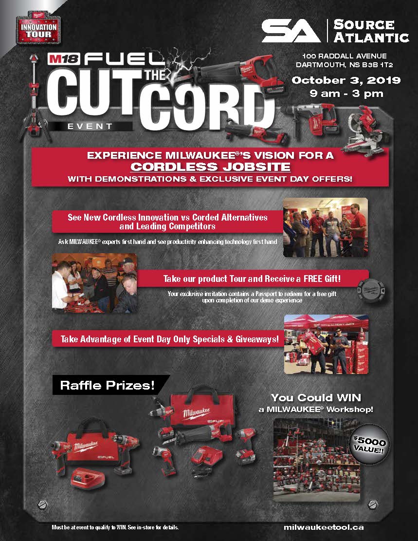SourceAtlantic's tweet image. Our Raddall Ave branch in Dartmouth, NS is hosting a Milwaukee Cut the Cord Event next week! Stop by the branch on October 3rd from 9am-3pm and take advantage of the event day only specials! #cutthecord