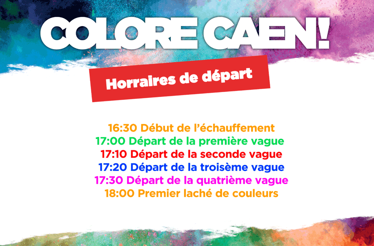 ColoreCaen's tweet photo. // SAS DE DEPART //
Le samedi 5 octobre, le grand départ de la Colore Caen sera donné avec 4 vagues ⏱️
- Départ de la 1ère vague : 17h00
- Départ de la 2ème vague : 17h10
- Départ de la 3ème vague : 17h20
- Départ de la 4ème vague : 17h30

https://t.co/6dhJKmbywo https://t.co/D6LIyiShVD