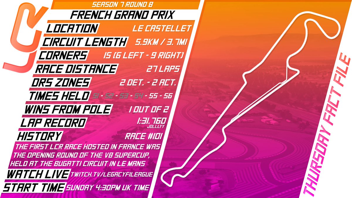 LegacyChRacing's tweet photo. Our history in France is short but sweet - two French Grands Prix, a Legacy Classic, and our first ever Forza race at Le Mans 👀

Previous winners:
S5 - 🇬🇧 T10 Kingsley
S6 - 🇩🇪 LCR Leopard

#LCR7 #ThursdayFactFile https://t.co/dNm1ZCqvH6