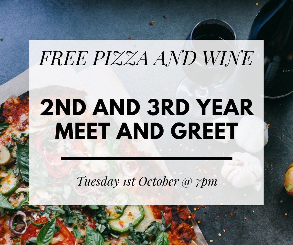 *FREE PIZZA AND WINE*
Come meet up with lecturers and students for a catch up and some free food and drinks at The Stable on 1st October at 7pm.
This is for 2nd and 3rd years only to get back in to the swing of uni. 
You’ll get a free pizza and a free drink 🍕