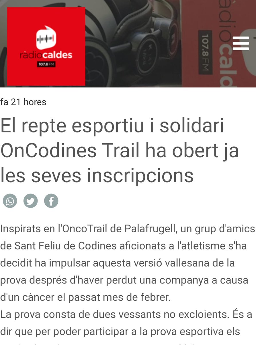 <a href="/RadioGrEsports/">Ràdio Granollers Esports</a> <a href="/arnaumoya/">Arnau Moya</a> <a href="/RadioGranollers/">Ràdio Granollers</a> <a href="/onacodinenca/">Ona Codinenca</a> <a href="/territori17/">Territori17</a> <a href="/queraltcampas/">Queralt</a> <a href="/el9nou/">El 9 Nou</a> <a href="/laveudesantjoan/">La Veu de Sant Joan</a> <a href="/rtvcardedeu/">RTVCardedeu</a> 📻La <a href="/gpermanyer/">Gemma Permanyer</a> va participar al butlletí de <a href="/RadioCaldes/">Radio Caldes</a> amb la <a href="/DanaRicart/">Dana Ricart</a> #oncodinestrail Aquí teniu el butlletí: radiocaldes.cat/#!/programs/in…