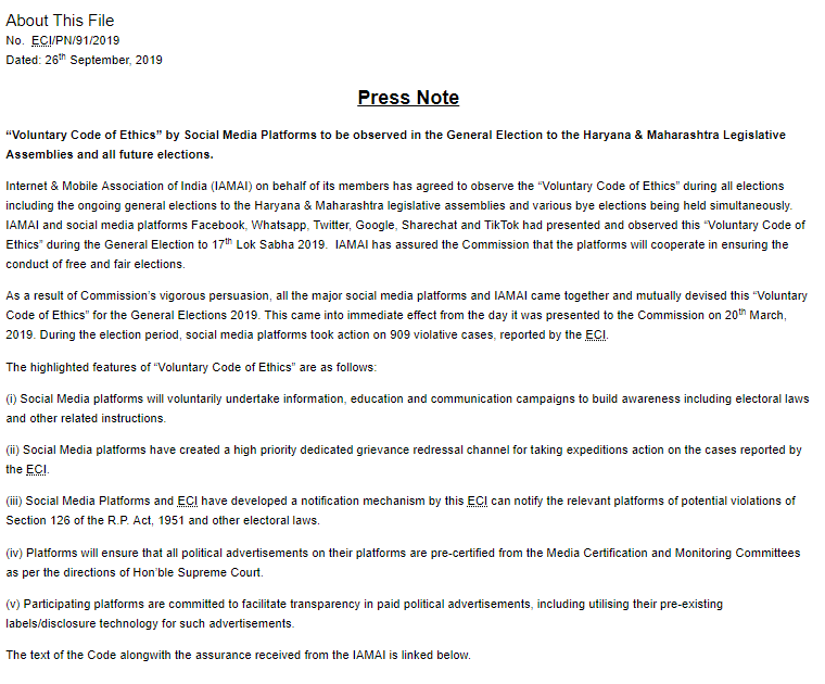 ECISVEEP's tweet photo. #ECIPressNote
Voluntary Code of Ethics” by Social Media Platforms to be observed in the General Election to the Haryana & Maharashtra Legislative Assemblies and all future elections.
https://t.co/YRuvjRjdJS
@SpokespersonECI @PIB_India @MIB_India @ceoharyana @CEO_Maharashtra https://t.co/qs5RZGECpU