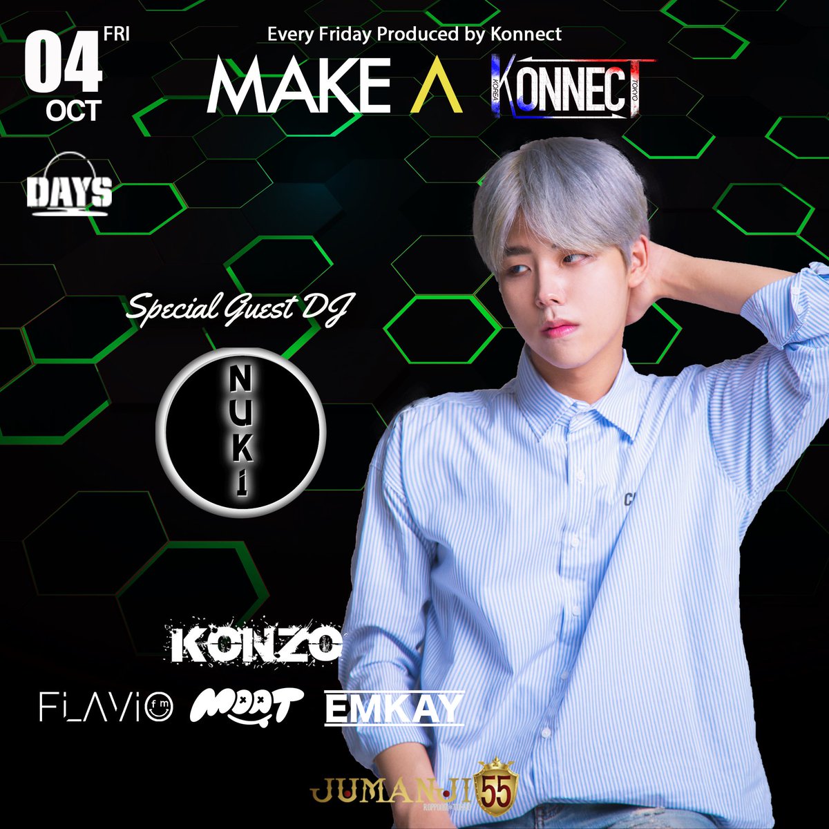 konnect_dys's tweet photo. 10/4 Fri
Make A x KONNECT Project
Make A KONNECTがStart!

fukkeulが率いるDJ academyの豪華講師DJ陣が毎週金曜日来日

1回目のゲストはTobirushと韓国で大人気、妓生(기생)を作曲したDJ兼プロデューサーである
NUKIが登場します🔥

沢山のご来店お待ちしております

詳細はプロフィールのURLまで！ https://t.co/cdG7cSx8pK