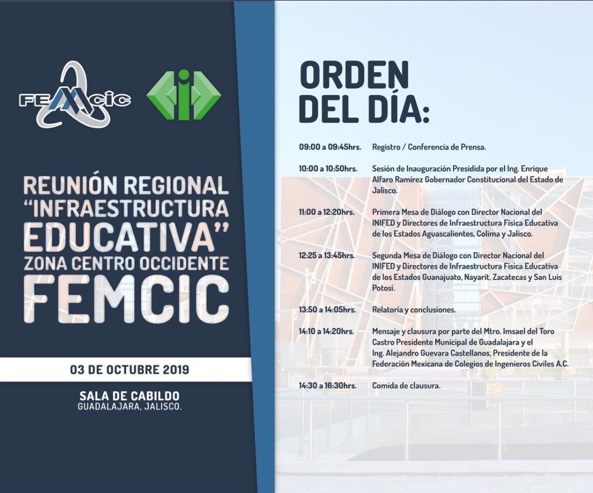 El Colegio Metropolitano de Ingenieros Civiles de Jalisco, A.C., los invita a la 2a. Reunion Regional Centro Occidente FEMCIC, el proximo tres de octubre. Sede en Palacio Municipal de Guadalajara.