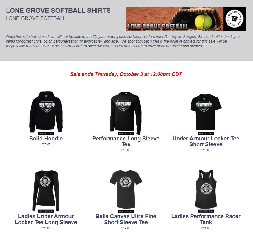 🥎‼️ORDER LONE GROVE FASTPITCH GEAR ONLINE NOW THRU OCT 3RD‼️🥎
1. GO TO gogearonline.com/lg-sb19
2. Select the items you like.
3. Pay online.
SALE ENDS NOON ON OCTOBER 3RD!!!