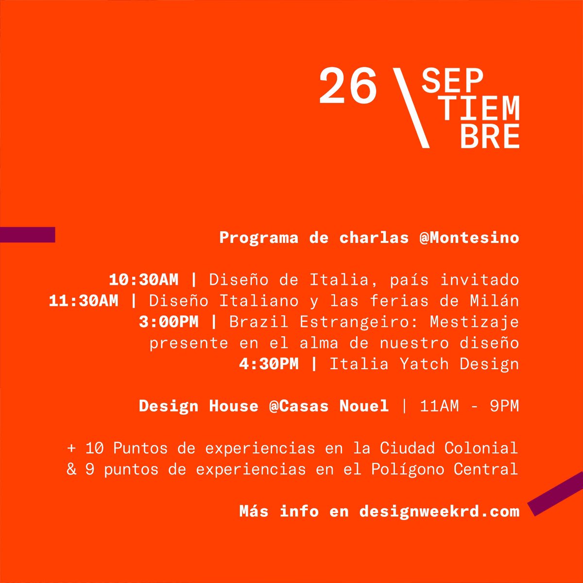 designweekrd's tweet photo. Te compartimos la agenda de hoy, 26 de Septiembre con las charlas, actividades y experiencias que están sucediendo hoy en el marco de #DesignWeekRD | Compra tu boleta ingresando a @eventospuntodo y vive la primera semana del diseño en R. D. https://t.co/a9wXpGye2J