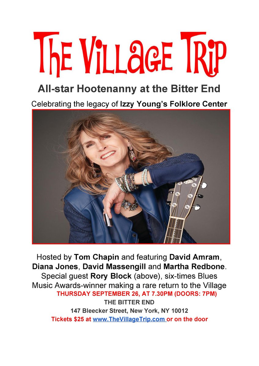 TONIGHT, 7:30pm at The Bitter End honoring Izzy Young's Folklore Center! #TomChapin #RoryBlock #IzzyYoung #MarthaRedbone #DianaJones #DavidMassengill #DavidAmram #TheBitterEnd  #FolkloreCenter #acoustic #hootenanny