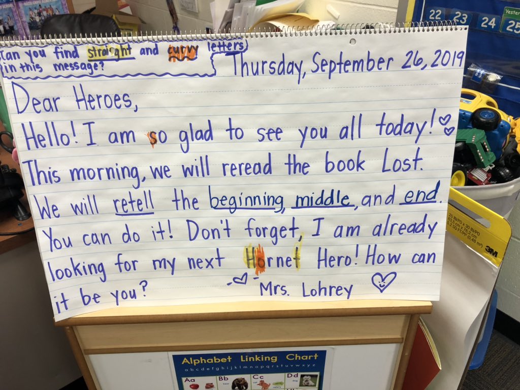 JasmineShimerda's tweet photo. @hazelgrove_kck Mrs. Lohrey is making connections for students from the Interactive Read Aloud, to morning message, to work they do in centers! #WeAreKCKPS #FPLiteracy @FPLiteracyTeam https://t.co/p3GO8lS40m