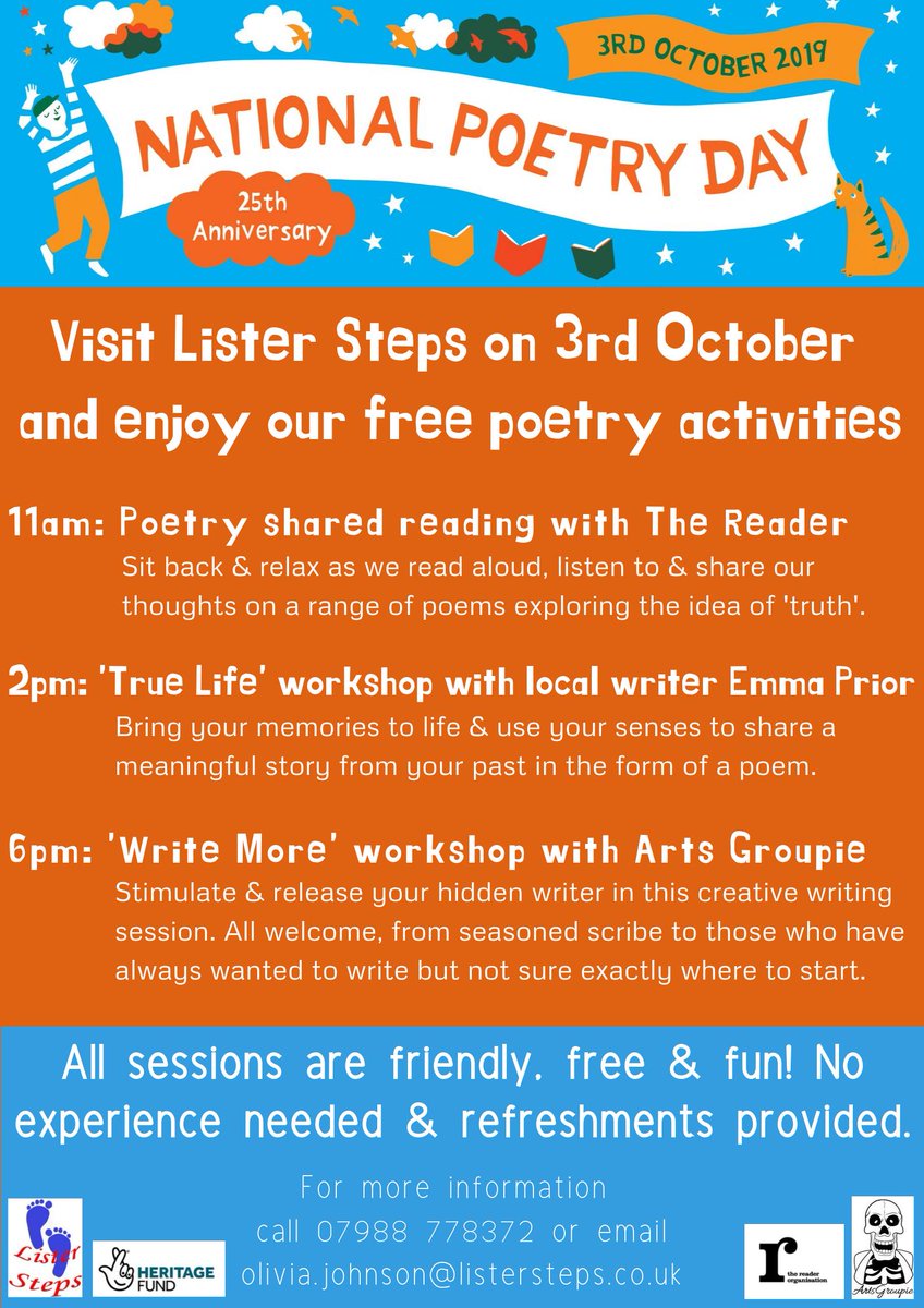 ListerStepsTOL's tweet photo. Next Thursday 3rd Oct we're celebrating #NationalPoetryDay with 3 FREE poetry workshops at @Listersteps Join us for shared reading with @thereaderorg at 11am &amp; poetry workshops with @emmavprior &amp; Arts Groupie at 2pm &amp; 6pm. Everyone welcome, no experience needed, give it a go! https://t.co/ZMwY2ZhMzl