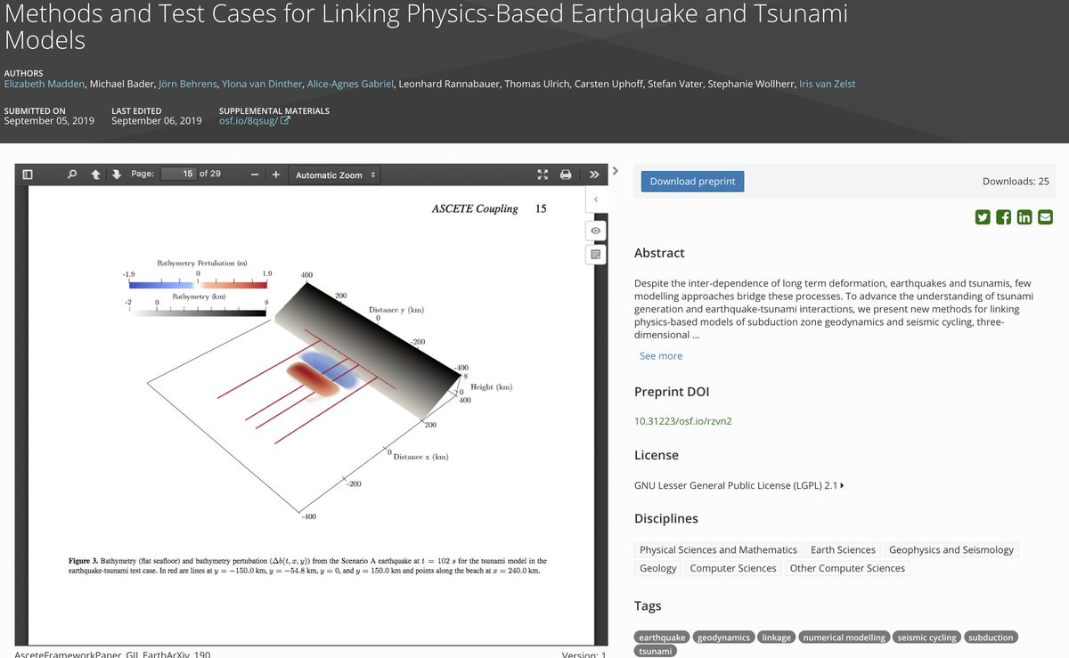 Another earthquake-related #preprint! Linking earthquake and tsunami models🌊 

Methods and Test Cases for Linking Physics-Based Earthquake and Tsunami Models eartharxiv.org/rzvn2/

Thank you <a href="/TerraNotFirma/">Elizabeth (Betsy) Madden</a> and coauthors (including <a href="/InSeismoland/">Dr. Alice-Agnes Gabriel</a>)! 👏