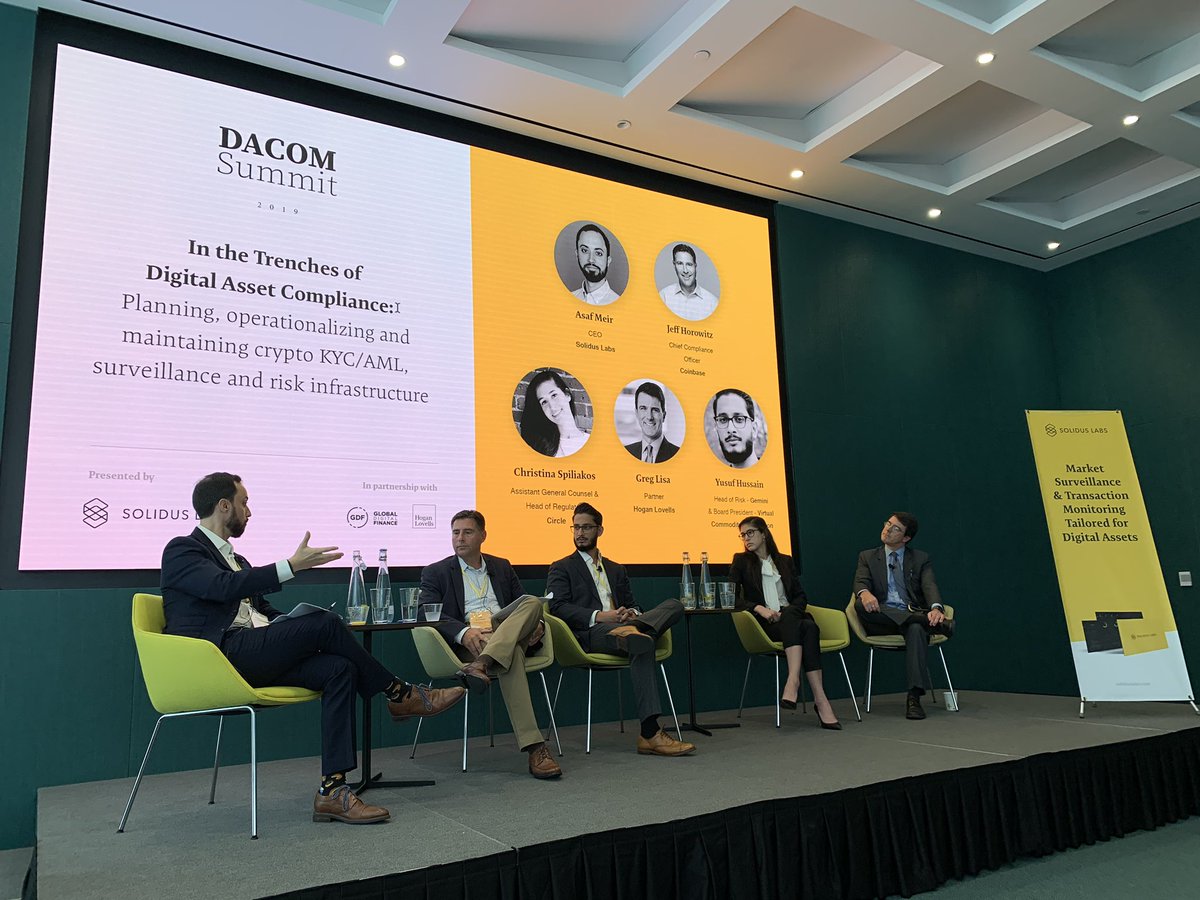 Solidus_Labs's tweet photo. “We’re just at the first inning” of understanding how to satisfy regulators’ concerns, according to @coinbase Chief Compliance Officer Jeff Horowitz. Strong panel with compliance leads from @Gemini, @circle and @HoganLovells - @cnspiliakos, moderated by our CEO, @AsafMeir https://t.co/odnL89XVH1