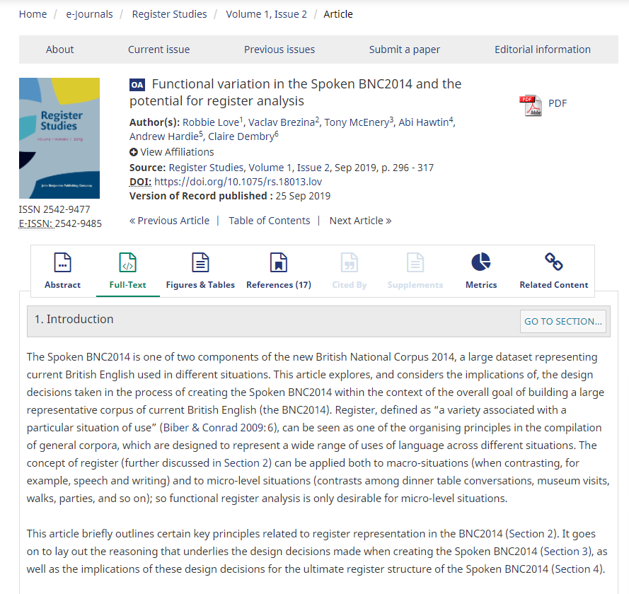 New article published online (open access!) in <a href="/RegisterStudies/">Register Studies</a>: "Functional variation in the Spoken BNC2014 and the potential for register analysis", with <a href="/vaclavbrezina/">Vaclav Brezina</a>, @TonyMcEnery, <a href="/AbiHawtin/">Dr Abi Hawtin</a>, <a href="/HardieResearch/">Andrew Hardie</a> &amp; <a href="/ClaireDembry/">Dr Claire Dembry</a>.
jbe-platform.com/content/journa…