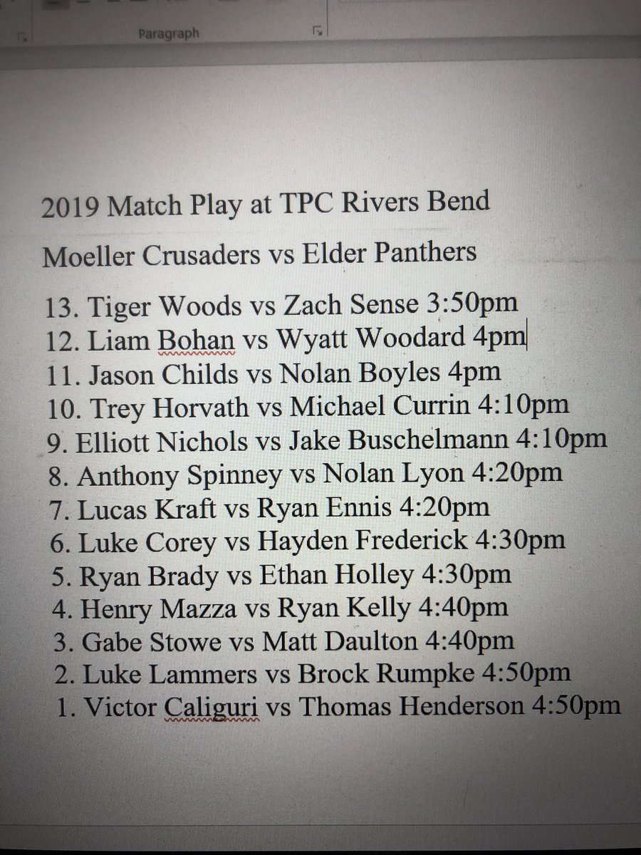 MoellerGolf's tweet photo. The pairings and tee times are set for this afternoon’s head to head match play vs the Panthers! #seniornight https://t.co/5uG1NBqM0t