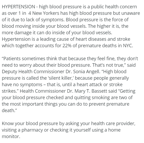 NYCMRC's tweet photo. Check your blood pressure today and if it's high make sure to talk to your physician on ways to bring it down. 

https://t.co/QR6fEMZfMp

https://t.co/vdLZGswR4N https://t.co/xEUnIXn0kZ
