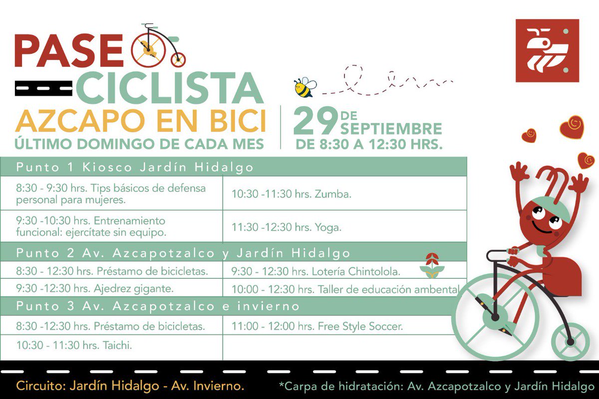 AzcapotzalcoMx's tweet photo. 📍 Ven y disfruta un domingo familiar este 29 de septiembre en el Paseo Ciclista Azcapo en Bici de 8:30 a 12:30 hrs, además tendremos diversas actividades para toda la familia. 🚲
¡No faltes!
#ConoceAzcapo 🐜 https://t.co/PTGZ8mwmAx