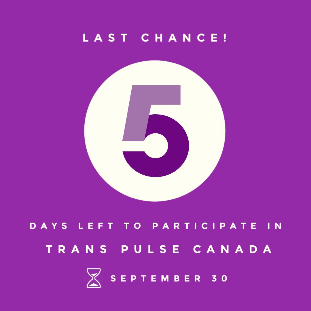 transpulseca's tweet photo. Last chance! 5 days left to participate in #TransPULSECanada, survey closing on September 30 at midnight Eastern. If you filled out a paper survey, don’t forget to mail it back to us by September 30th. https://t.co/PyKkh1WUqv https://t.co/3T9sW8xkHq
