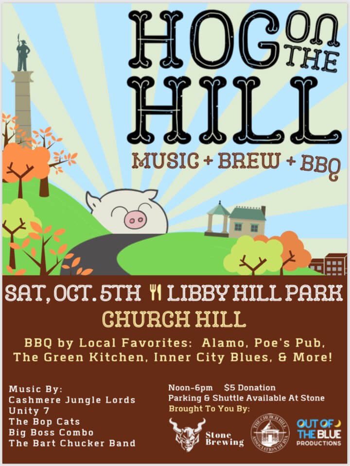 SAVE THE DATE! Everyone's favorite BBQ event on the Hill is happening on October 5. Come on out and see us at Hog on the Hill. Let's get piggie with it! #bbq #music #hogonthehill #getpiggiewithit #libbyhillpark #churchhill #churchhillrva #rvadine #fall #festival #richmond #rva