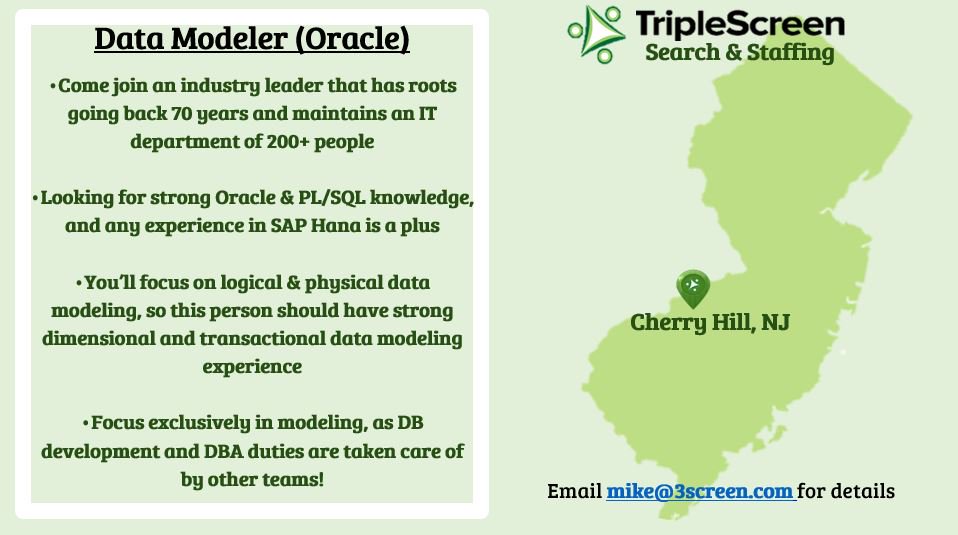 TripleScreen1's tweet image. We've been supporting this organization for years and we can tell you that they're grade A++ all the way. We need an experienced #datamodeler here who knows #Oracle inside & out. Email mike@3screen.com for details. #triplescreenstaffing #datamodel #saphana #techjobs #phillyjobs