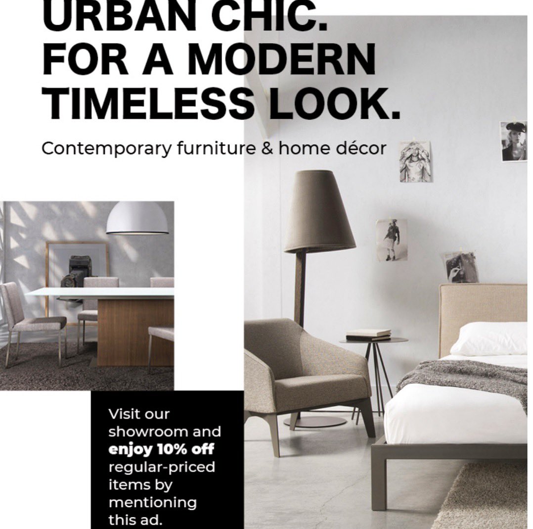 Don’t let chic pass you by. // visit our 
showroom and enjoy 10% off regular-priced items by displaying this ad! #BaysideYVR baysidefurniture.com