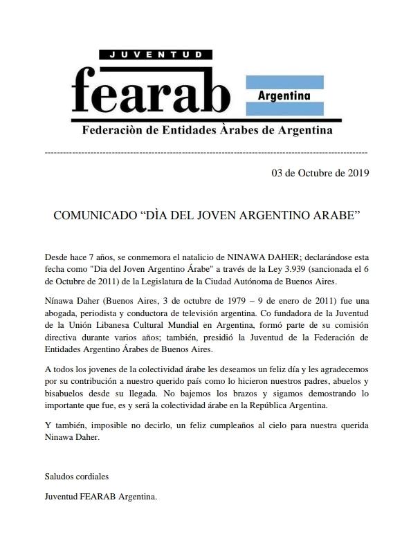 Comunicado "Día del Joven Argentino Árabe"