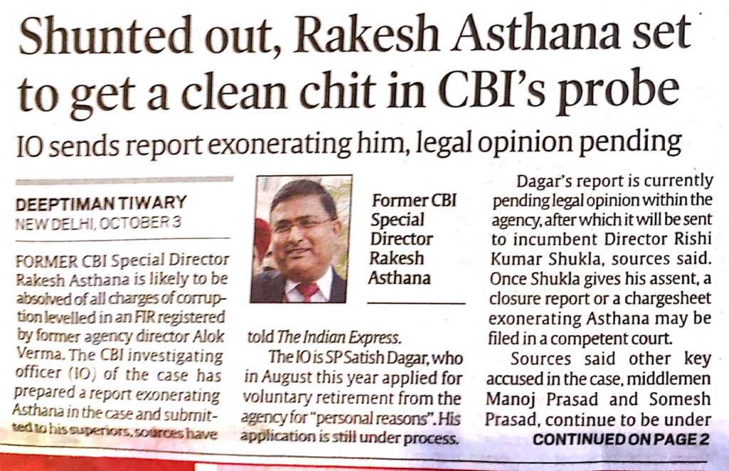 bainjal's tweet photo. Here we go. Rakesh Asthana, Gujarat cadre IPS, Modi &amp; Shah’s fav official. As reported by me after removing the entire CBI team probing him a clean chit coming up https://t.co/CLbD3JN88A