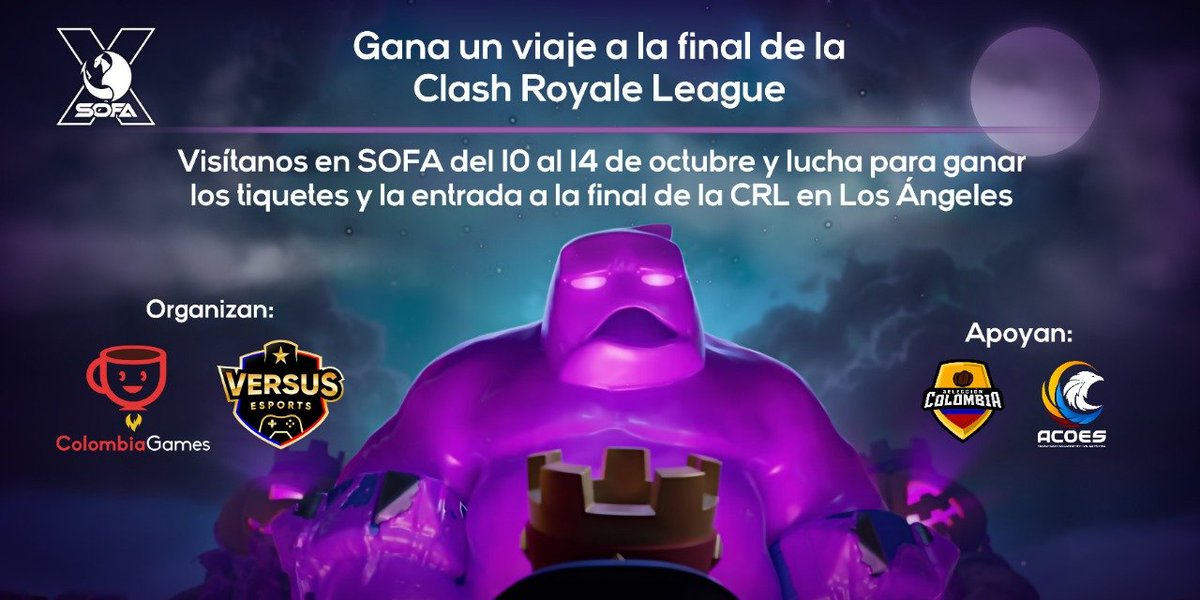 La comunidad de #ClashRoyale en 🇨🇴 sigue fuerte y en gran nivel. Por eso <a href="/colgames/">Colombia Games</a> y <a href="/versusesportsco/">Versus Esports</a> estarán en el <a href="/universoSOFA/">SOFA</a> del 10 al 14 de #Octubreléctico con un torneo 1vs1. El ganador viajará a ver la final de la CRL ¡en Los Ángeles!
Te esperamos en la batalla más épica!