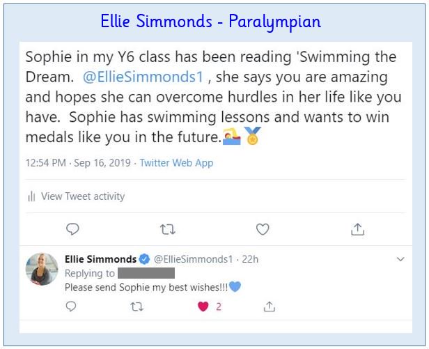 One of our Y6s was very excited to get a reply from the Paralympian Ellie Simmonds!  She had read a book about her and thought that she was inspirational.