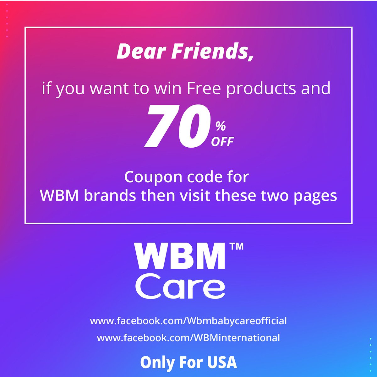 wbmcare's tweet photo. Only For USA
Dear Friends, if you want to win Free products and 70% OFF Coupon code for WBM brands then visit these two pages.
https://t.co/XGK8e7Ocre
https://t.co/ESJ10U3KUE
#WBMcare #wbmcareoffer #wbmbabycaregiveaway #giveaway #freeproducts #couponcode #couponcodeoffer #wbm https://t.co/QkkNw4wcDx