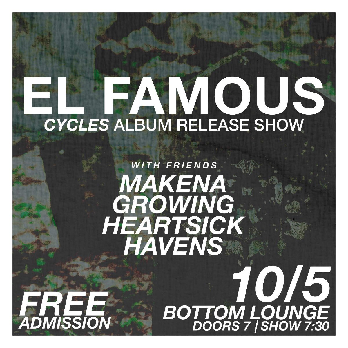 Our friends in <a href="/WeAreHavens/">wearehavens</a> are playing a FREE 17+ SHOW with <a href="/elfamousband/">El Famous</a> this Saturday, October 5th at <a href="/thebottomlounge/">Bottom Lounge</a>!! ow.ly/Dqvu50wAPpQ
#MusicGarage #BottomLounge #WeAreHavens #freeshow