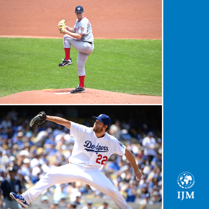 IJM's tweet photo. While @stras37 and @ClaytonKersh22 are #postseason competitors during @mlb playoffs, off the field, they're fighting together to #endslavery and send relief to people trapped in violence. Learn more about #TeamFreedom: https://t.co/KHyFAPziGX #NLDS https://t.co/MyYrNpdt0s