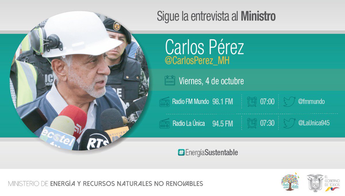 ViceminEnergia's tweet photo. 📌 AGENDA DE MEDIOS 📋📻 | Este 4 de octubre desde las 07h00, no se pierda las entrevistas al Ministro @CarlosPerez_MH por @fmmundo y @LaUnica945. #DecididosACrecer https://t.co/Zn5eEXH7xi
