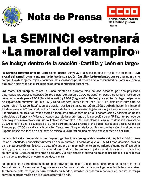 CCOOAvila's tweet photo. @SEMINCI estrenará 📽#LaMoralDelVampiro dentro d la sección #CyLenLargo. Se relata la lucha de @AECentaurea y @CCOOAvila contra la construc de las autopistas peaje AP51, AP61 y la ampliación ilegal del peaje de la AP6 https://t.co/9z4nQpuUP6
@CCOOCyL @CCOO @msanzlubeiro @fjpcyl https://t.co/EufNfA6oJR