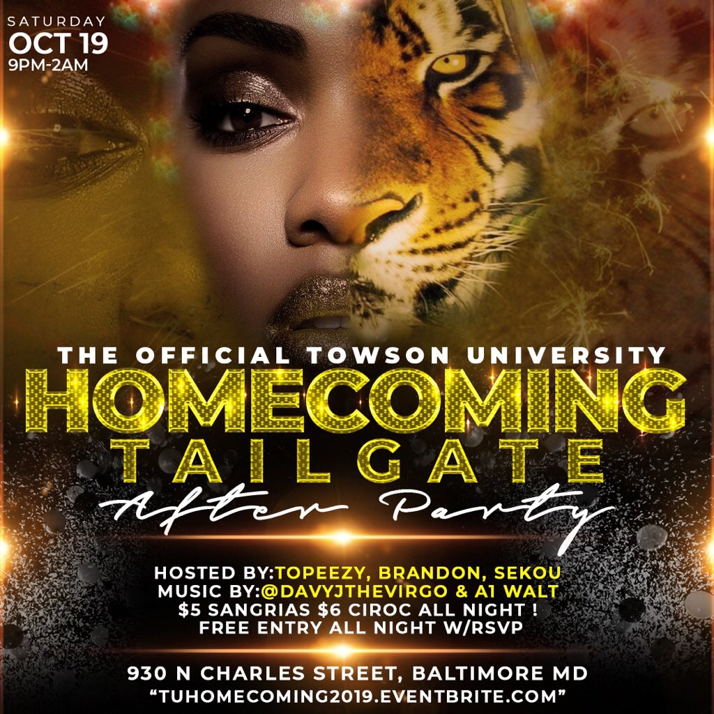 DavyJTheVirgo's tweet photo. Towson University Alum π―
The Homecoming Tailgate After Party is HERE ππ½
$5 Sangria
$6 Ciroc
FREE ENTRY ALL NIGHT W/RSVP
Come vibe out
RETWEET IF YOU ARE A TOWSON U ALUM!
#TooWashedCrew 21+ Towson Homecoming https://t.co/kr04GW0hp5