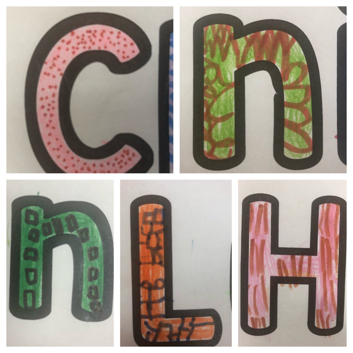 newsfromK124's tweet image. We experimented with line designs as we used a new medium (pencil crayons) to make our names look “fancy”. Stripes, polka dots, spots, zigzag, hearts, thick stripes, squares and dashes. #elementsofdesign