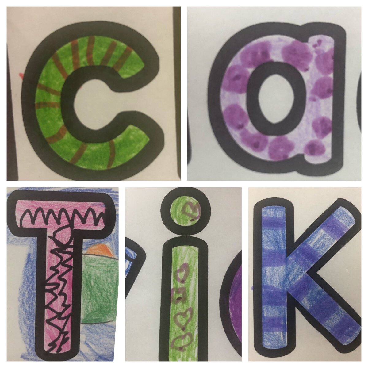 newsfromK124's tweet image. We experimented with line designs as we used a new medium (pencil crayons) to make our names look “fancy”. Stripes, polka dots, spots, zigzag, hearts, thick stripes, squares and dashes. #elementsofdesign