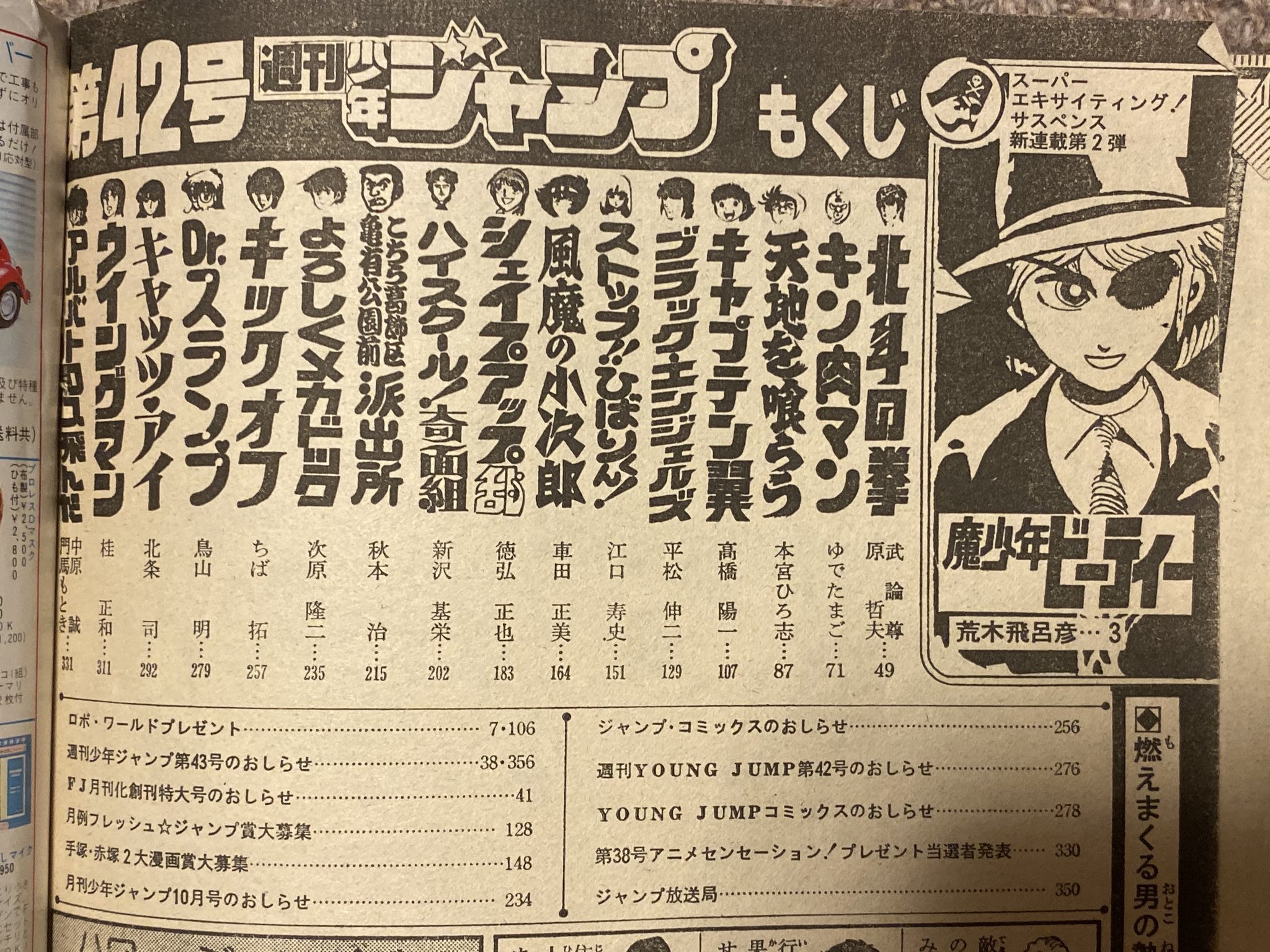 みずぬ 魔少年b T の新連載号ジャンプをゲットしたんだけど 連載陣がヤバ過ぎなぐらい豪華 北斗の拳 キン肉マン 天地を喰らう キャプテン翼 ブラックエンジェルズ ひばりくん 風魔の小次郎 シェイプアップ乱 奇面組 両さん メカドッグ