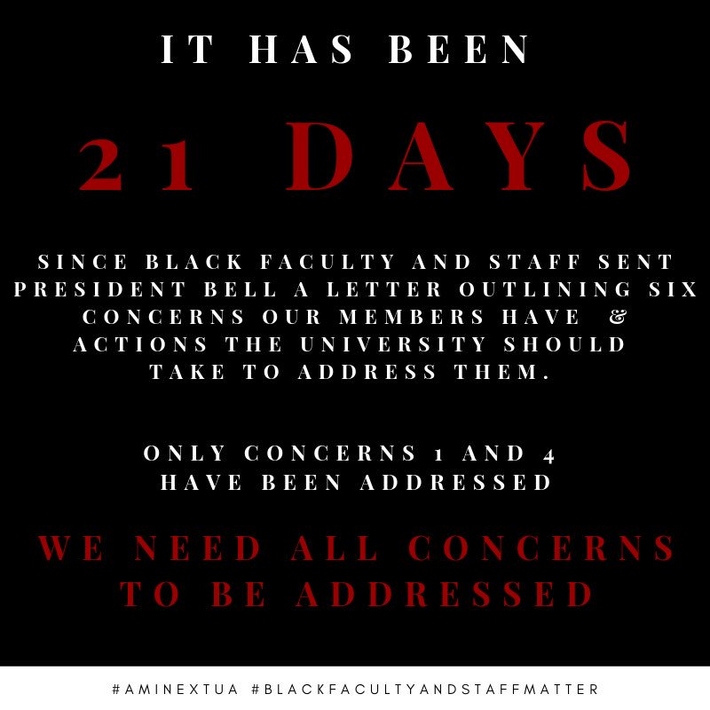 There are remaining concerns but we are making progress towards getting them addressed. Do you want to talk to us about these concerns &amp; learn more about BFSA? Come to the main lobby of Rose Admin between 8am-11am tomorrow.  #aminextua #blackfacultyandstaffmatter