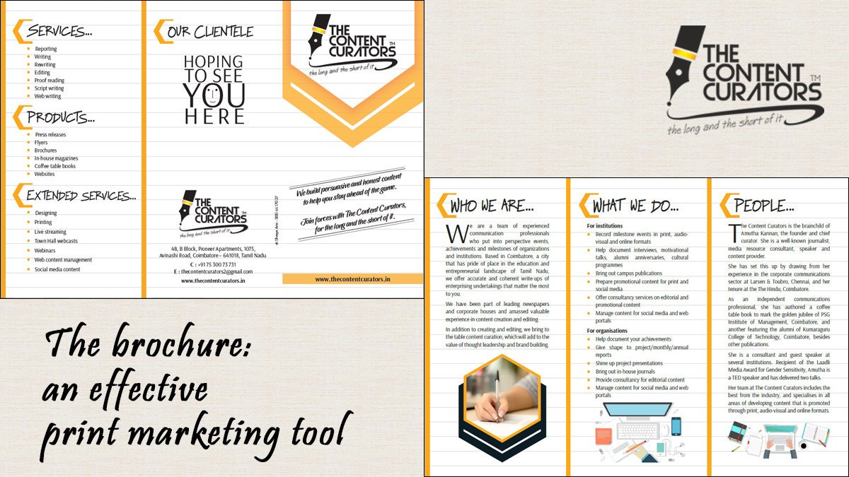 ContentCurator2's tweet image. The brochure: an effective print marketing tool

For More - bit.ly/30FUIgl

#BrochureContent #TheContentCuartors #ContentWriters #ContentWritersinCoimbatore #ContentWritingServices #ProfessionalContentWriters