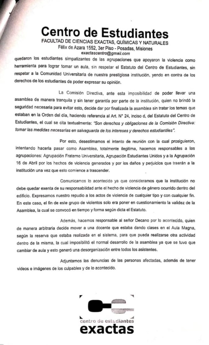 exactascentro's tweet photo. Comunicado oficial. Repudiamos totalmente los hechos de violencia. https://t.co/Py9aKzMEH0