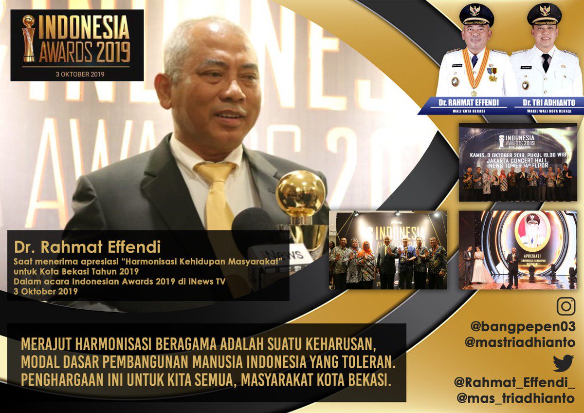 Rahmat_Effendi_'s tweet photo. Merajut harmonisasi beragama merupakan suatu keharusan, modal dasar pembangunan manusia Indonesia yang toleran. 
Penghargaan ini untuk kita semua , untuk masyarakat Kota Bekasi yang cerdas, kreatif, maju, sejahtera dan ihsan. @mas_triadhianto @pemkotbekasi https://t.co/WBDanYZP2b