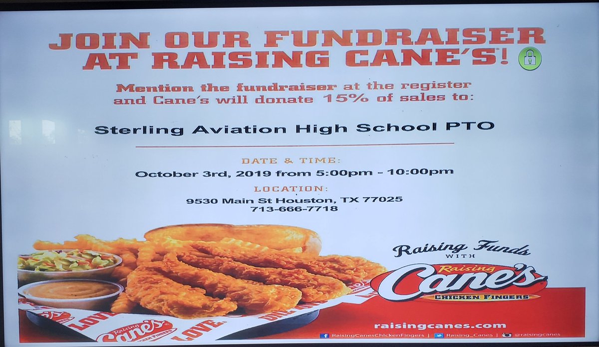 SterlingRaider's tweet photo. In case you missed the memo! #Supportyour@SterlingRaider @SouthArea_HISD @HISDSupe @HoustonISD @HISDFACE @TeamHISD @dianaGibsonJoh1 #RaisingCane's #PTO #fundraising https://t.co/F07nRySkwI