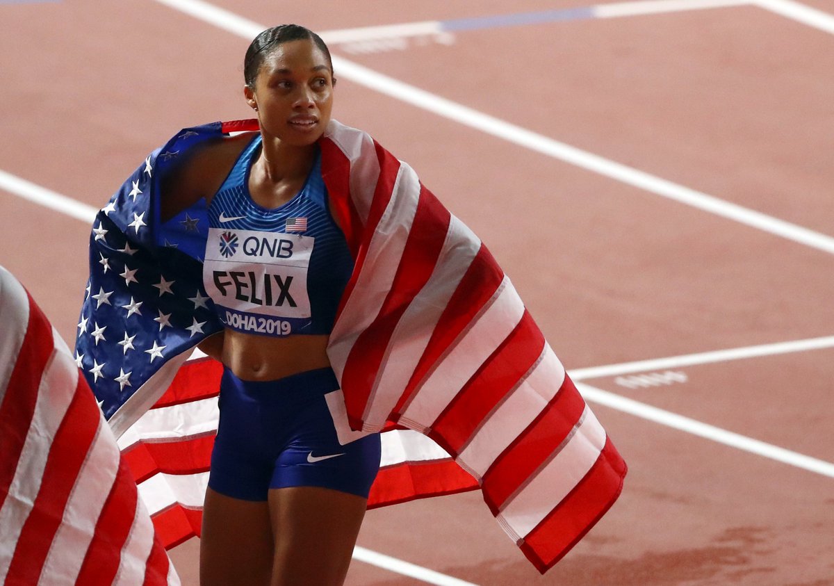 ajplus's tweet photo. Allyson Felix beat Usain Bolt's record to win a 12th world championship gold medal just 10 months after giving birth via emergency C-section.

She was one of the women who fought to make sure sponsors like Nike don't penalize female athletes by not paying them during pregnancy. https://t.co/pnDwUMkOIE
